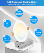 LVWIT 12 Pack Recessed Lighting 6 Inch with Junction Box, Ultra-Thin Dimmable 1200LM 2700K-5000K Wafer Downlight, Canless Smooth Trim LED Ceiling Light with ETL,FCC&IC