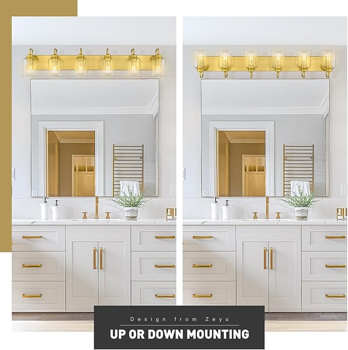 zeyu 44 Inch Brushed Gold Bathroom Light Fixtures, 6 Lights Vintage Wall Light, Modern Vanity Light with Clear Glass Shade, ZSL72B-6W BG