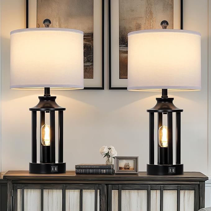 Black Living Room Lamps Set of 2, 3 Way Dimmable Touch Control Farmhouse Table Lamps with 2 USB Ports, Retro Bedside Lamp with 2 LED Nightlight,Rustic Bedroom Lamp for Nightstand(4 LED Bulbs Included)