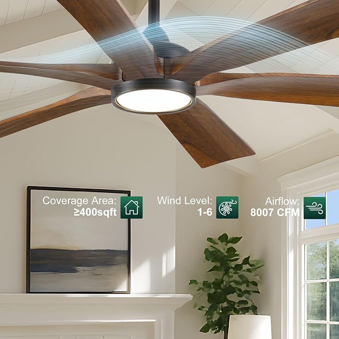 60 Inch Indoor Outdoor Ceiling Fan with Light and Remote - 6 Solid Wood Blades, High CFM Quiet Reversible Energy Efficient DC Motor, 6/12/24 Inch Down-rod, Damp-rated for Patios Porch Gazebo Garage