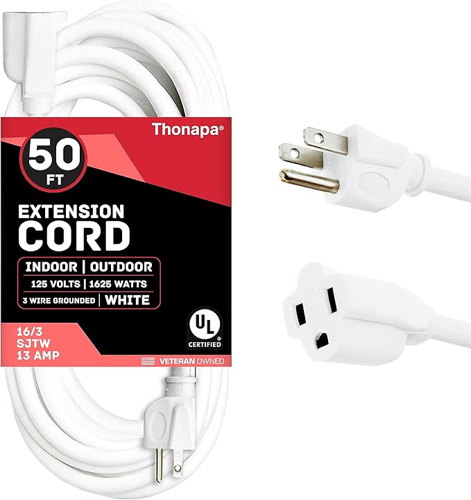 50 ft White Extension Cord 3 Prong for Indoor & Outdoor, 13 Amp White Outdoor Extension Cord 50 Foot, 16 AWG Electrical Cable SJTW for Landscaping, Lawn, Lamp, Home & Office - US Veteran Owned