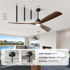 60" Smart Ceiling Fan with Lights,Outdoor Ceiling Fan Work with Alexa/Gg/App/Remote,3-Color Light Dimmable 6-Speed Quiet Reversible for Patio Porch Living Room,Dark Walnut
