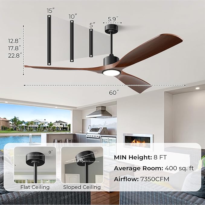 60" Smart Ceiling Fan with Lights,Outdoor Ceiling Fan Work with Alexa/Gg/App/Remote,3-Color Light Dimmable 6-Speed Quiet Reversible for Patio Porch Living Room,Dark Walnut