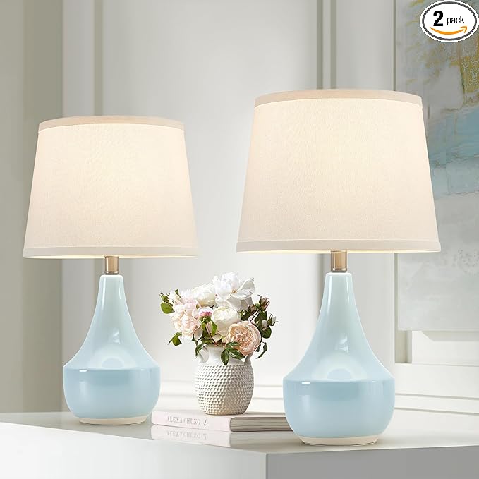 GyroVu Table Lamp Set of 2, 18.63” Ceramic Lamp Classic Beside Lamps Nightstand Lamp Modern Cute Lamp for Living Room, Bedroom & Office Rocker Swtich Sky Blue-LED Bulbs Included