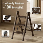 3 Step Ladder,Aluminum Folding Step Stool for Adults,Step Ladder with Wide Anti-Slip Pedal,330 lbs Capacity for Home,Office,Kitchen,Library(Walnut)