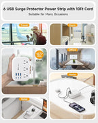 6 USB(3 USB C) Surge Protector Power Strip- Extension Cord 10 Ft with 24W USB Charging Station and 3 Outlets, Flat Plug Long Braided Extension Cord with Multiple Outlets for Home Office College Dorm