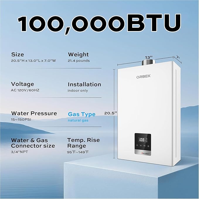 Natural Gas Tankless Water Heater - ORBEK 100,000 BTU Up to 4.3 GPM Indoor Installation - CSA Certified On-Demand Instant Hot Water Heater 3/4" NPT Connector Size New Upgrade