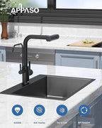 APPASO Kitchen Faucet with Water Filter, 2 Handle Waterfall 3 in 1 Kitchen Faucet, Black Kitchen Sink Faucet, 3 Hole Kitchen Faucets with Pull Down Sprayer (Without Water Filtration Device)