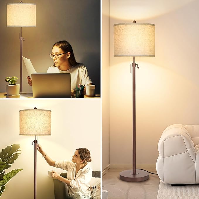 Metal Brown Floor Lamp for Living Room, Adjustable Height Standing Lamp, Pole Light for Bedroom, with Linen Shade and Metal Base, Pull Chain Switch, 3-Way 8W LED Bulb Included