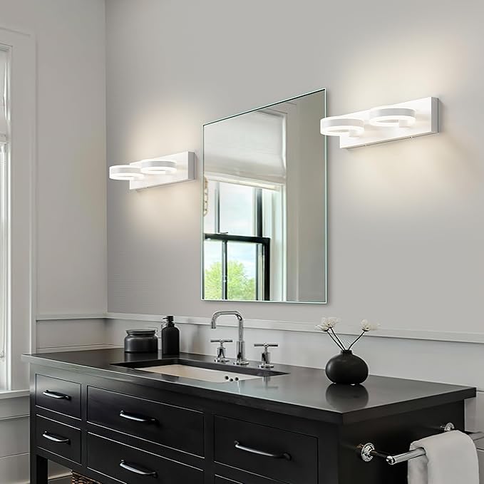 LED Bathroom Light Fixtures,15inch White Vanity Lights, Modern 2 Light Acrylic Wall Sconces, 350° Rotatable Wall Lighting Fixture Over Mirror