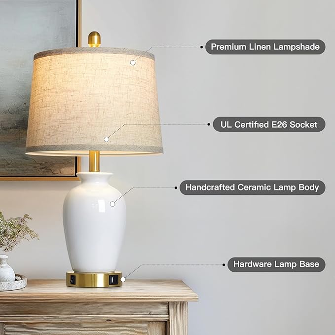 23" Set of 2 White Ceramic Table Lamp with Ginger Jar Design, Bedside USB Lamps for Living Room,Dining Room,Bedroom,Office,Nightstand,End Table