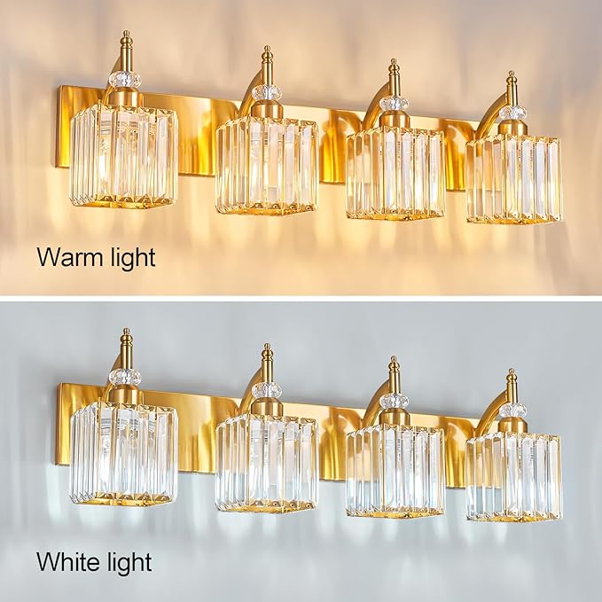 Crystal Vanity Lights Gold 4 Light Bathroom Light Fixtures Over Mirror Modern Vanity Light for Bathroom