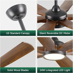 60 Inch Indoor Outdoor Ceiling Fan with Light and Remote - 6 Solid Wood Blades, High CFM Quiet Reversible Energy Efficient DC Motor, 6/12/24 Inch Down-rod, Damp-rated for Patios Porch Gazebo Garage