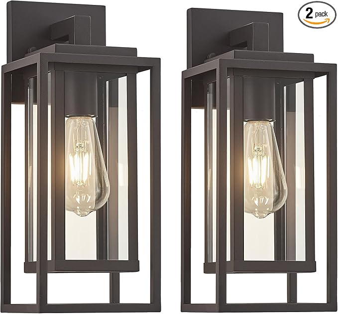 14" Outdoor Wall Light Fixtures Waterproofed Exterior Lantern W/Sturdy Rectangular Double Cage In Old Rust&Clear Tempered Glass,Sconce Mounted For House Patio,Front door,Porch,Yard, Lighting 2Pack