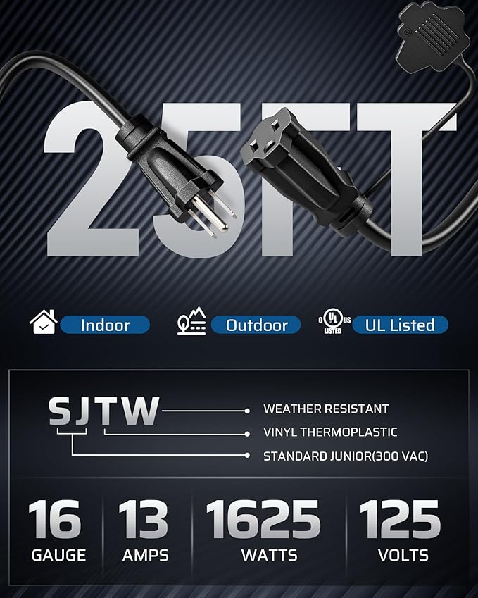 DEWENWILS 25Ft Outdoor Extension Cord Multiple Outlets, Evenly Spaced 3 Outlets Plugs with Safety Cover, 16/3 SJTW Weatherproof Wire for Outdoor String Lights and Holiday Decorations, UL Liste
