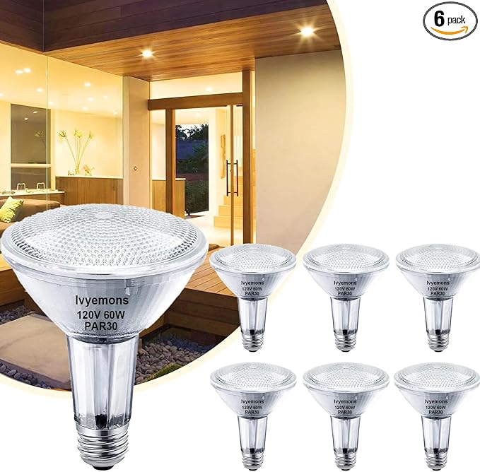 Par30 Flood Light Bulbs, 6-Pack Dimmable Par30 Halogen Bulb 2800K Warm White Flicker Free Par30 Long Neck Halogen 60W Bulb E26 Base for Accent Lighting, Tracking Lighting & Recessed Lighting