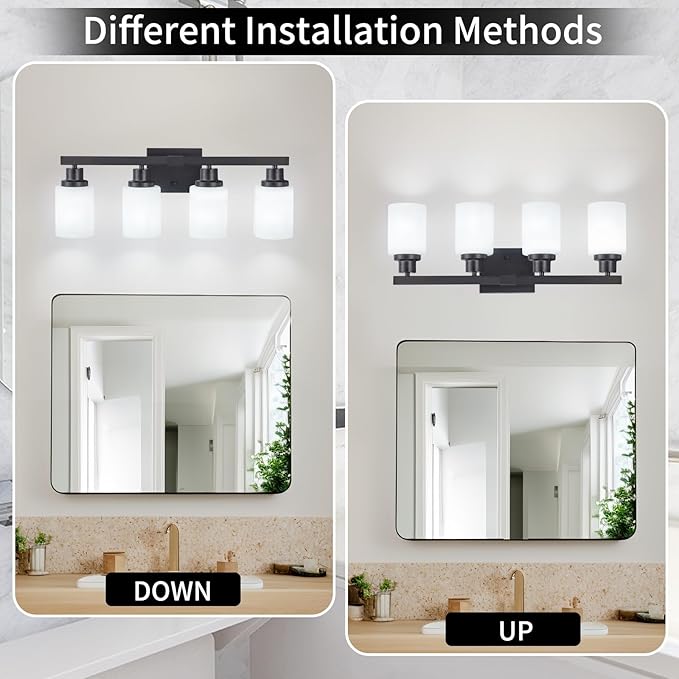 Bathroom Light Fixtures, 4-Light Matte Black Bathroom Vanity Lights with Milky White Glass Shade, Bathroom Lights Over Mirror Wall Lamp Sconces for Mirror Bedroom, Living Room Hallway