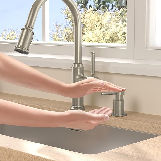 Lava Odoro Soap Dispenser for Kitchen Sink, Modern Brass Built in Countertop Pump Dispenser with 18 Oz Refillable Bottle, Kitchen Soap and Lotion Dispenser Spot-Free, Brushed Nickel, KSD-21