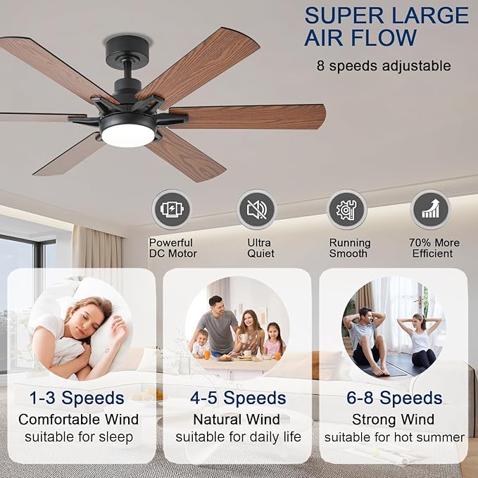 52in Ceiling Fans with Lights RGB Ceiling Fan with Light and Remote/APP Control,Low Profile Ceiling Fans with Lights for Bedroom,Living Room,Kids Room,3CCT Dimmable Modern Ceiling Fan, 8 Speeds,Brown