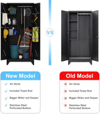 Metal Storage Cabinet with Lock Door, 75" Tall Garage Storage Cabinet with Hanging Rod, Broom Closet Bathroom Storage Cabinet, Cleaning Tool Cabinet