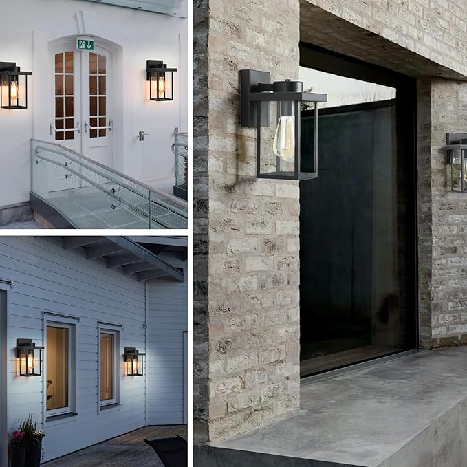 tewei Outdoor Lights for House, 11IN Black Exterior Light Fixtures Anti-Rust Waterproof Outdoor Wall Lantern, Outside Wall Sconce with Clear Glass Shade for Garage, 2 Pack