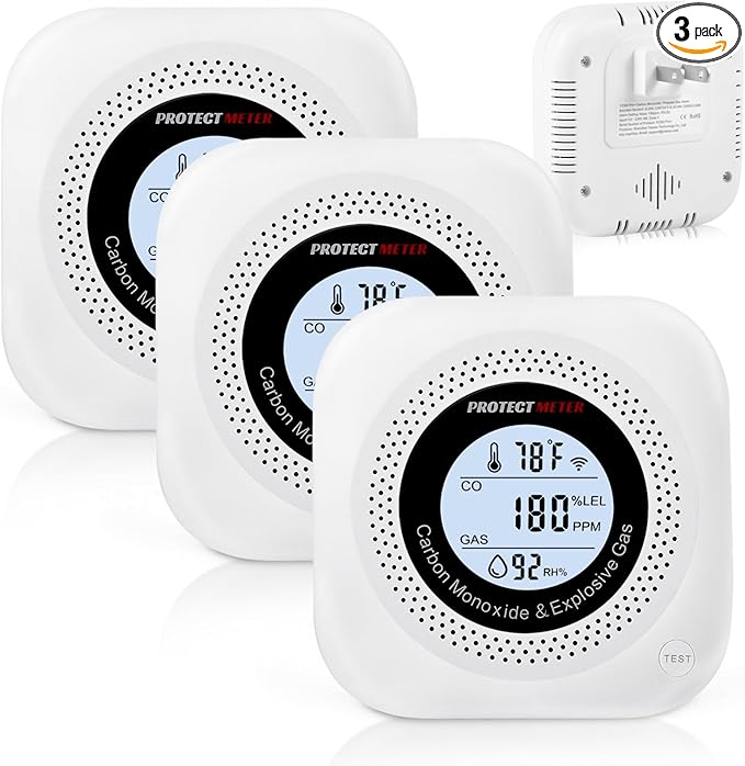 Carbon Monoxide Detectors, 3Pack 4-in-1 Natural Gas Leak Detector & Temperature/Humidity Monitor