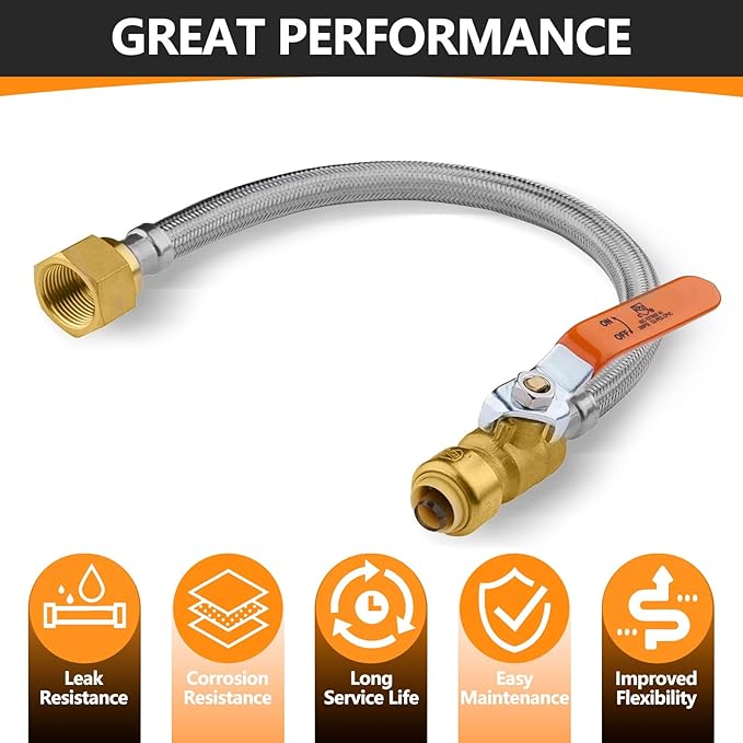 2-Pack HeSun 24-Inch Push-Fit Ball Valve Water Heater Connector, Push-to-Connect 1/2" x 3/4" FIP, Stainless Steel Flexible Heater Hose(HOSE029-2)