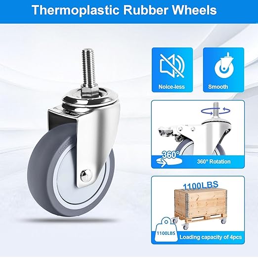 Stainless Steel Caster Wheels 4 inch, 3/8"-16x1 Threaded Stem Casters Set of 4, Non-Marking Slient TPR Rubber Wheels for Furnitures,Restaurants,Labs,Hospital