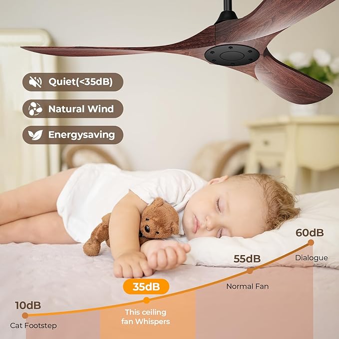 52 Inch Ceiling Fan Without Lights, Walnut Finish | Outdoor Ceiling Fan with Remote, 6-Speed Adjustable Reversible DC Motor for Patio & Living Room