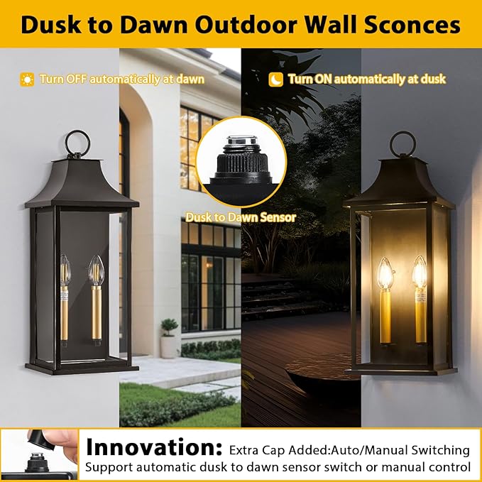 21in Large Dusk to Dawn Outdoor Wall Lights for House, Exterior Lighting Fixtures Dusk to Dawn Outdoor Lighting with Glass, Waterproof Brown Porch Sconces for Porch, Patio, Garage, E12 Base