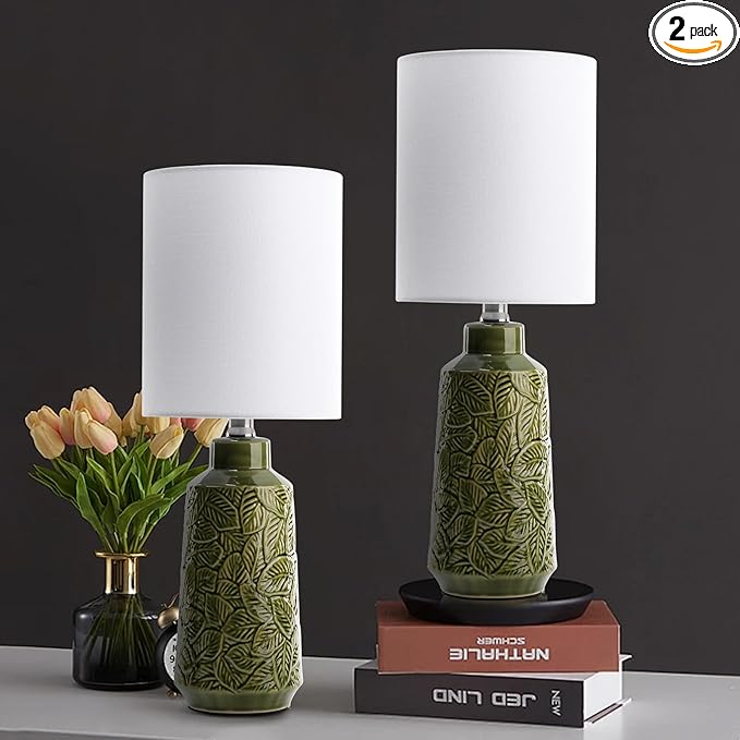 Ceramic Table Lamp Set of 2, 18" Modern Farmhouse Bedside Lamps with Leaf Pattern & White Linen Shade, Nightstand Lamps with Inline ON/Off Switch for Living Room, Bedroom, Dining Room