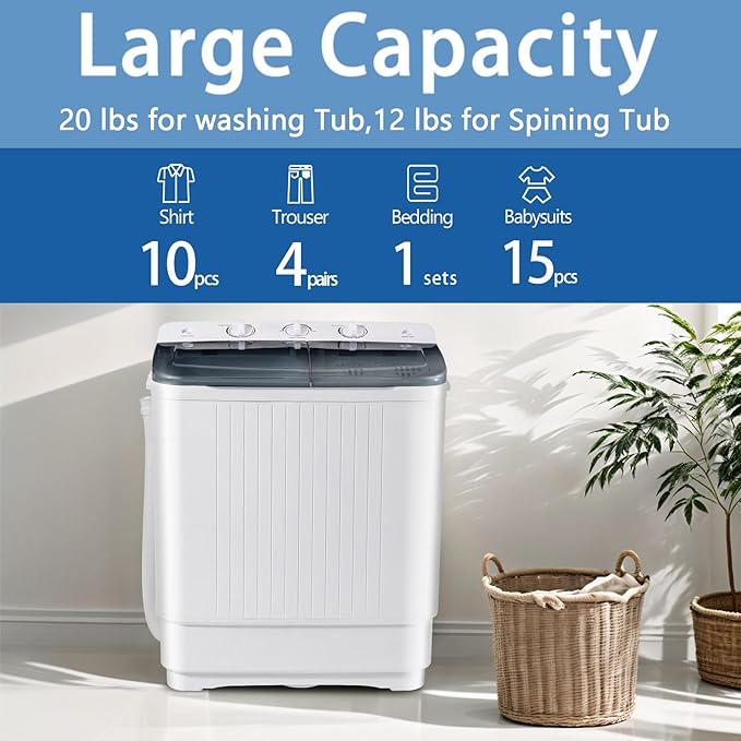 Sportpulse Portable Washing Machine with Time Control, Mini Twin Tub 32lbs Capacity Laundry, 20lbs Washer & 12lbs Spinner, ideal for Camping, Apartments, RV (Black, 32lbs)