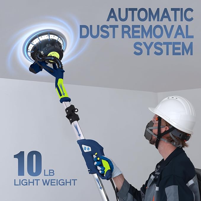 Drywall Sander, 2025 Upgraded 8-Amp Popcorn Ceiling Removal Tool with 7 Variable Speed 800-1800RPM, Drywall Sander with Vacuum Dust Collector with Extendable Handle, LED Light,12pcs Sanding Discs,Blue