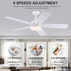 52 Inch Ceiling Fans with Lights and Remote/APP Control, Modern Ceiling Fan with RGB Lights for Bedroom Living Room Patio Porch Outdoor, Reversible Quiet Motor, 5 Wood Blades, White