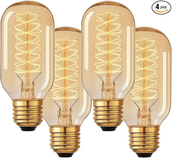 T45 Edison Bulbs, 40 Watt Dimmable, 2700K Warm White, E26/E27 Base Incandescent, 110-130V, Squirrel Cage Filament, Vintage Decor for Pendant Lights, Vanity Fixtures, and Decorative Lighting, 4-Pack