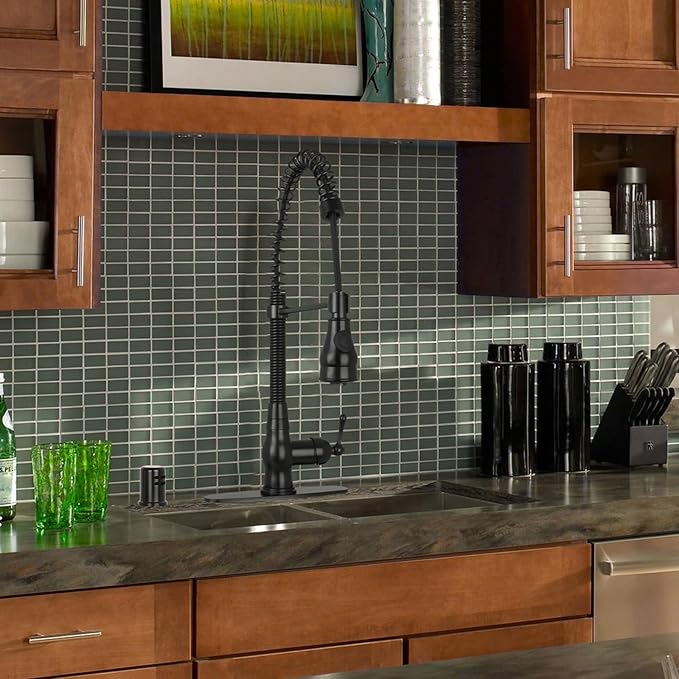 Akicon Pre-Rinse Spring Kitchen Faucet, Single Handle Solid Brass High Arc Pull Down Sprayer Head Kitchen Sink Faucet with Deck Plate