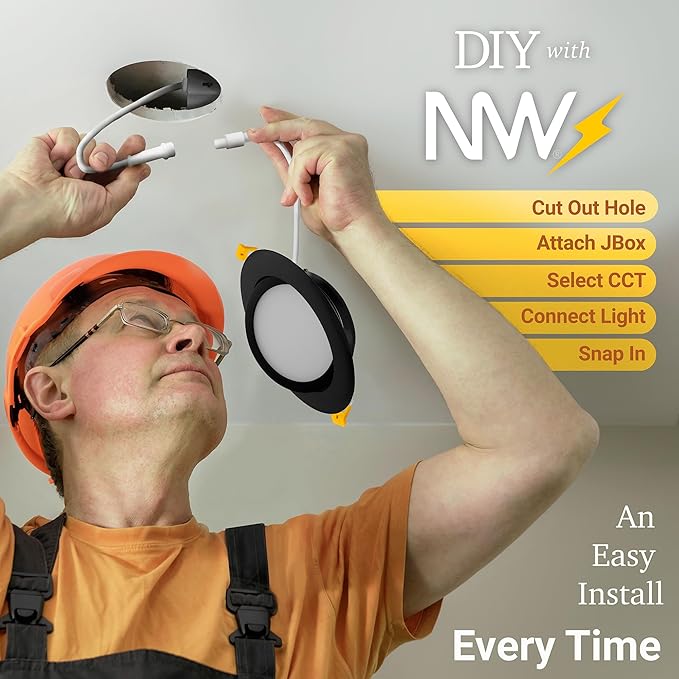 NUWATT Black 4 Inch Gimbal LED Recessed Lighting, 2700K/3000K/3500K/4000K/5000K Selectable, 630LM, Dimmable, Damp Rated, Adjustable Lens Canless Lights for Sloped Ceiling, Metal Junction Box, 6 Pack