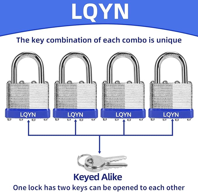 Padlocks with Same Key, LQYN 100 Pcs Laminated Keyed Padlock (1-9/16", 40mm), Keyed Alike Locks, Normal Shackle, for Storage Locker, Hasp Latch, Toolbox, Sheds
