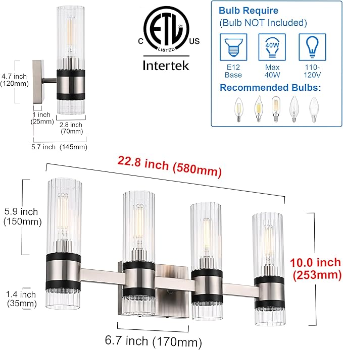 MELUCEE Bathroom Light Fixtures Over Mirror 4 Lights Brushed Nickel Vanity Lights with Ribbed Clear Glass Shade Farmhouse Wall Mount Lamp for Bath Kitchen Bedroom Hallway, E12 Base