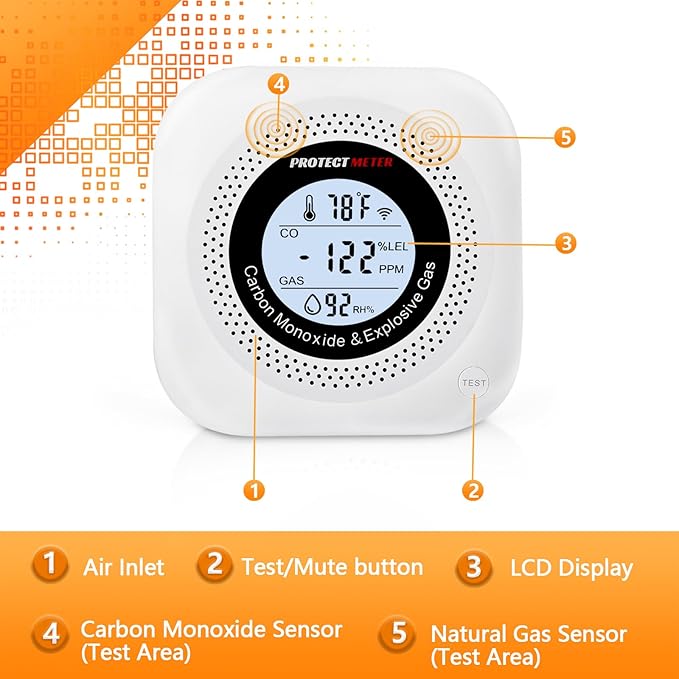 Carbon Monoxide Detectors, 2Pack 4-in-1 Natural Gas Leak Detector & Temperature/Humidity Monitor