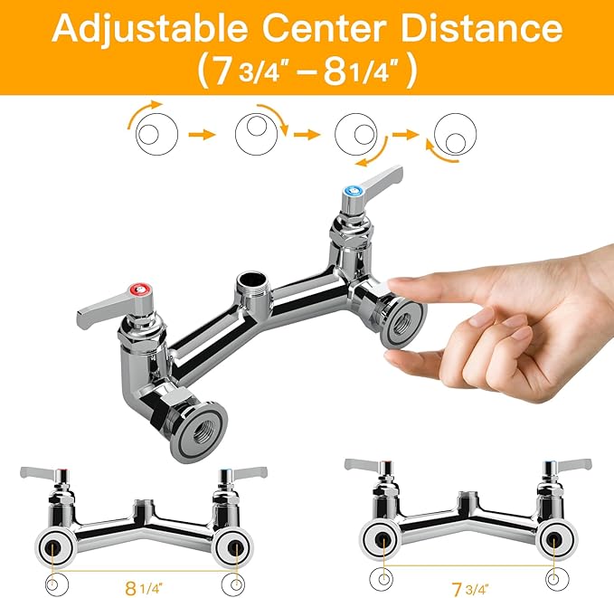 Commercial Sink Faucet Wall Mount with Pre Rinse Sprayer 8 inch Center Wall Mount Kitchen Sink Faucet 47" Height with 14" Add-on Swing Spout for 1/2/3 Compartment Sink