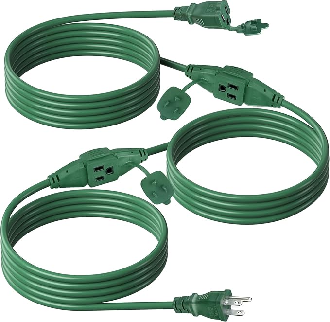 BN-LINK 25 ft Outdoor Extension Cord w/3 Inline Outlets 16/3 Gauge, SJTW Green for Landscaping & Holiday Decorations, Grounded, ETL Listed