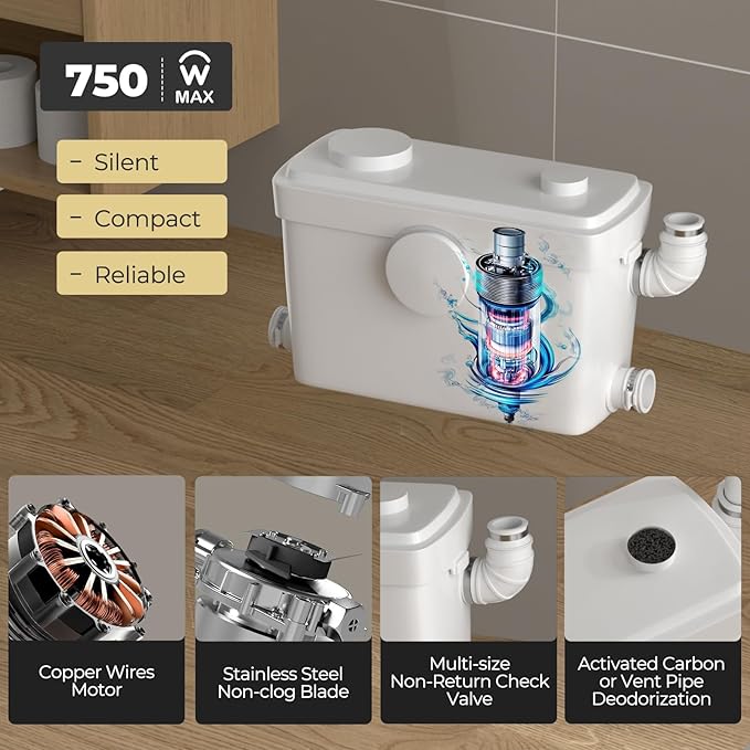 Upgrade 750W Macerator Pump,Grinding Upflush System, Non-clog Stainless Shell,Up to 36 ft,Sewerage Macerator Toilet Pump for Household Residential Basement Waste Water Disposal