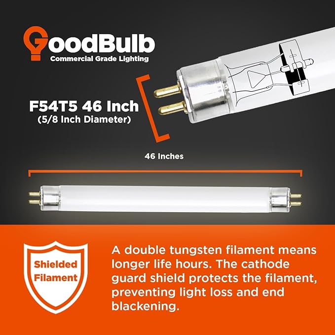 GoodBulb F54T5/830/ECO 54W 46 Inch T5 Fluorescent Light Bulb, 3000K Warm White Medium Bi-Pin Base, 4950 Lumens 85 CRI 36000 Life Hours, Instant/Programmed Start (40 Pack)