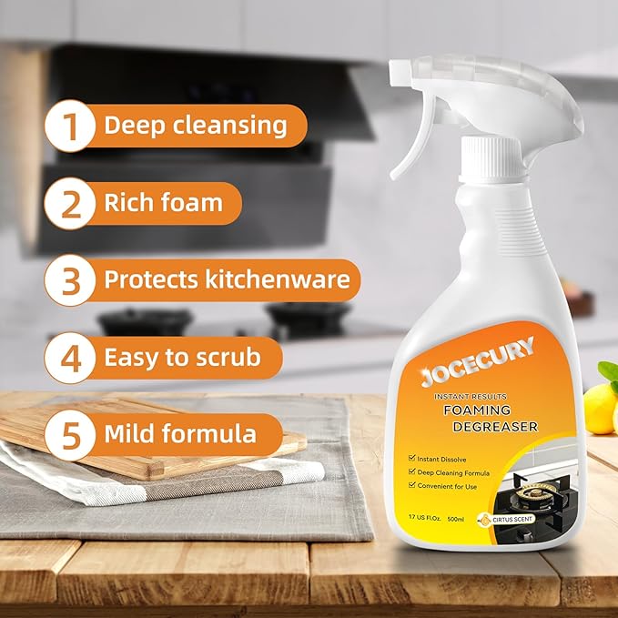 Jocecury 500ml Powerful Kitchen Degreaser Foam Spray – Multipurpose Grease Remover for Pots, Pans, Countertops & Appliances with 2-in-1 No-Rinse Dual Spray Nozzle (Lemon)