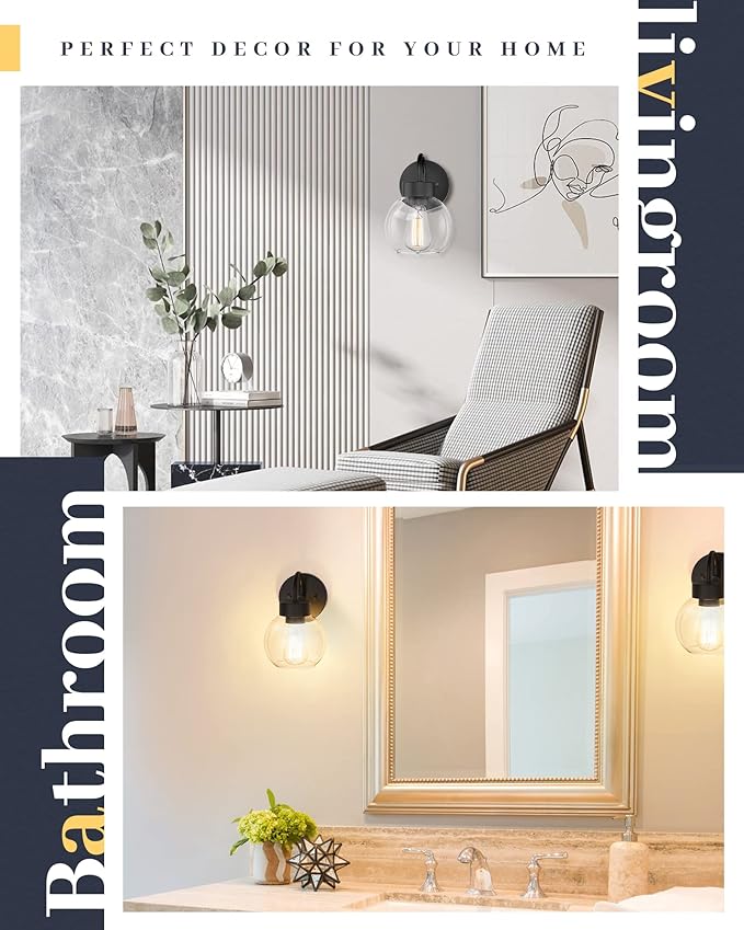 EAPUDUN 1-Light Matte Black Bathroom Light Fixtures Over Mirror, Vanity Lights with 1 Globe Clear Glass Shades, Industrial Style Wall Sconces, WLA1433-MBK