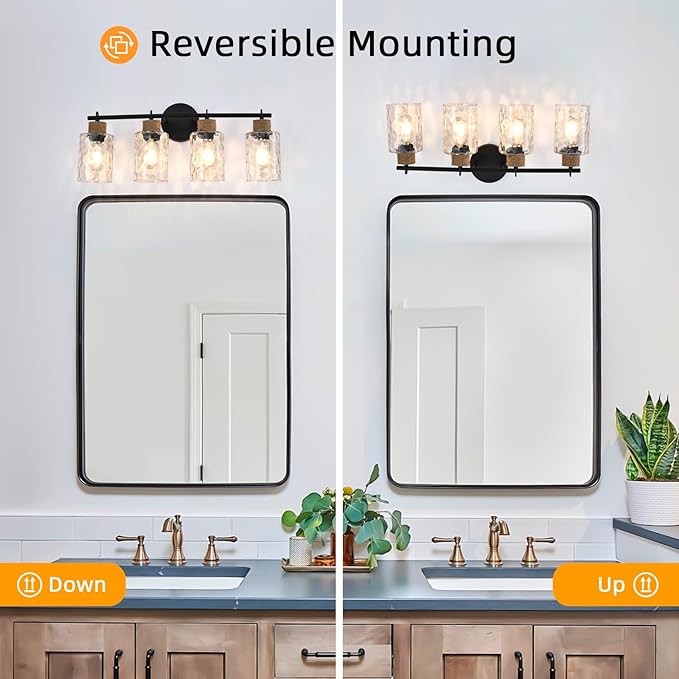 4-Light Bathroom Light Fixtures, Coastal Vanity Lights with Crystal Glass Shade, Black Bathroom Wall Lamp for Mirror Kitchen Hallway Bedroom