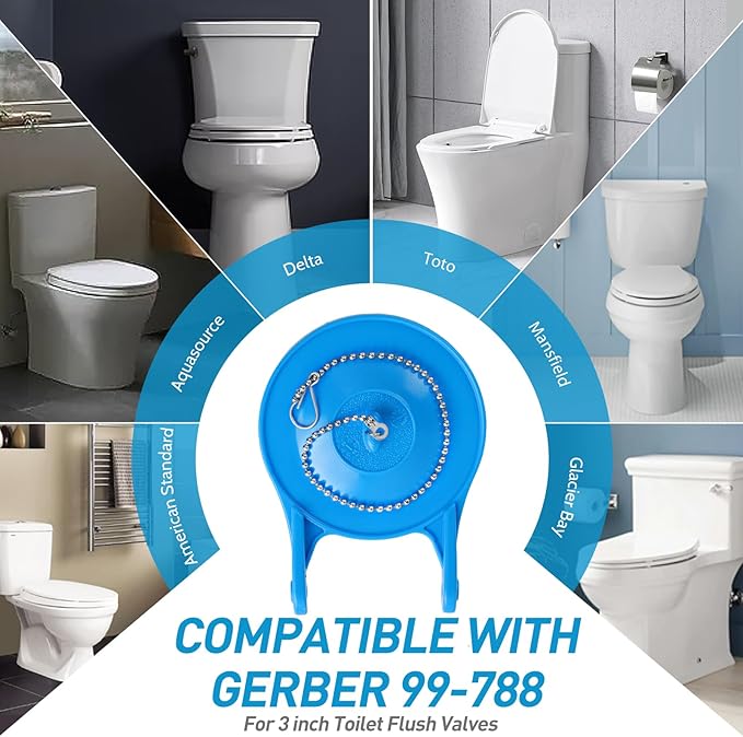 Toilet Flapper Replacement Kit - Premium Silicone Toilet Flusher Replacement Kit with Steel Chain, Universal American Standard Toilet Stopper Flapper 3 Inch, Fits for Various Toilet Types, Blue,1PCS