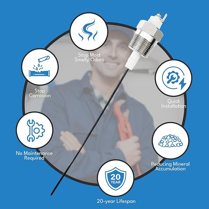 Powered Anode Rod for Hot Water Heater, Eliminate Sulfur Odor, Prevent Corrosion, Extend Lifespan, Easy to Install for Water Heaters and Well Water Systems (Model B)