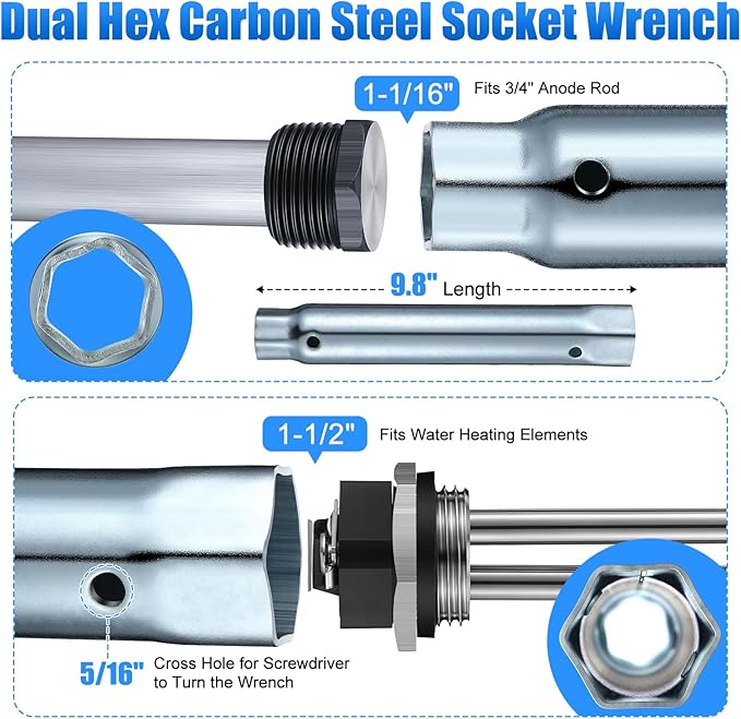 Saillong 5 Pieces RV Water Heater Elements Include 2 Anode Rod 1 Electric Heater Element 1 Dual Hex Wrench and 1 Tape Replacement Kit Compatible with Suburban RV Parts